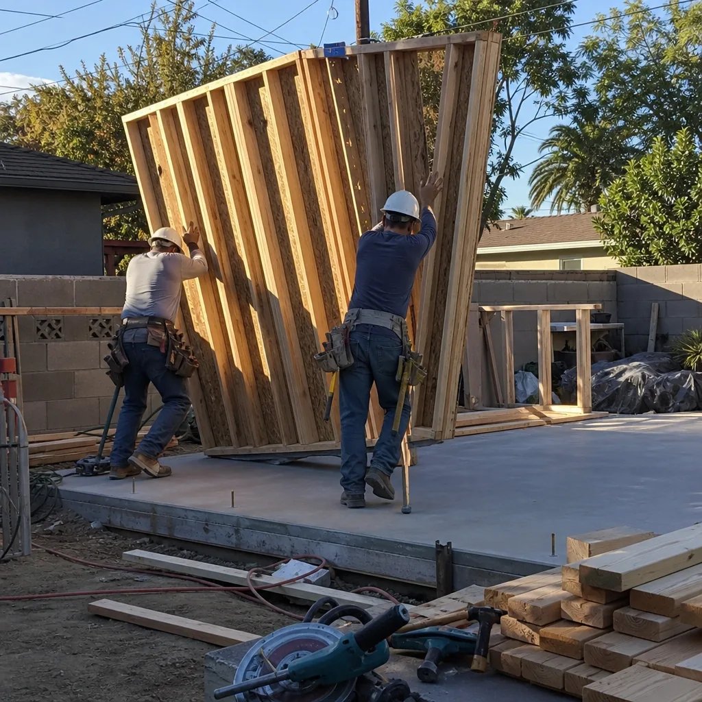 Professional construction workers installing an ADU wall frame on site