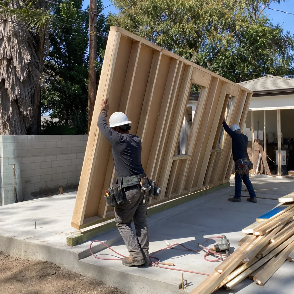 Professional builders framing an accessory dwelling unit on a construction site