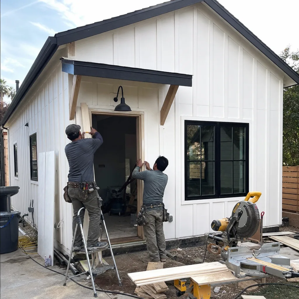Two contractors installing door trim on a modern ADU exterior