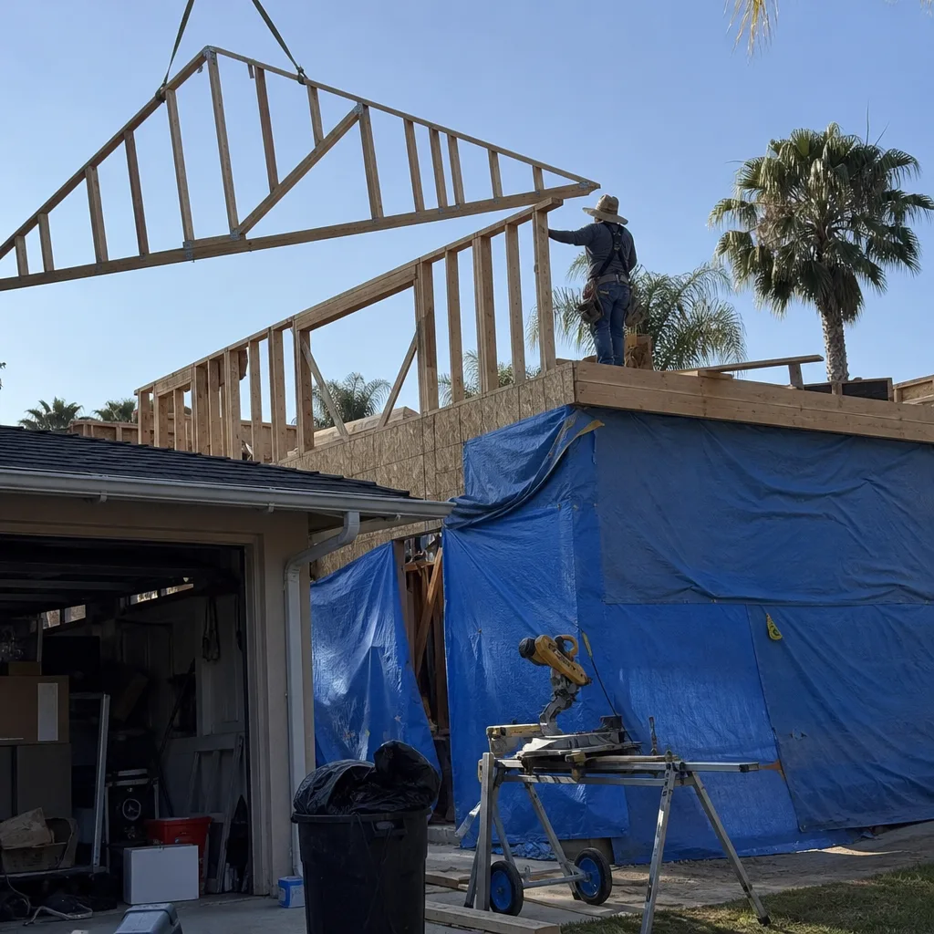 Contractor installing roof trusses for a home addition project