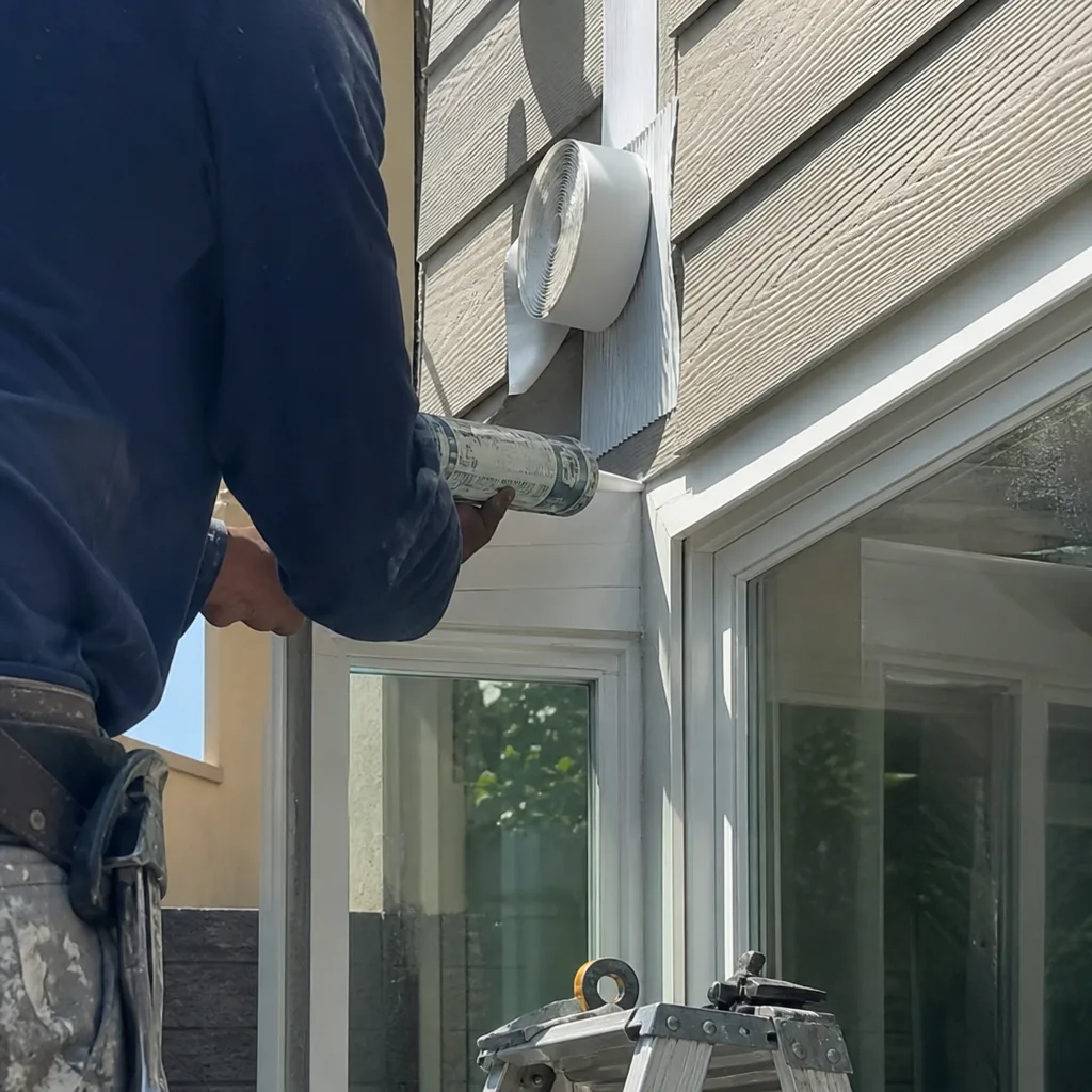 Contractor applying sealant to exterior window trim on home addition