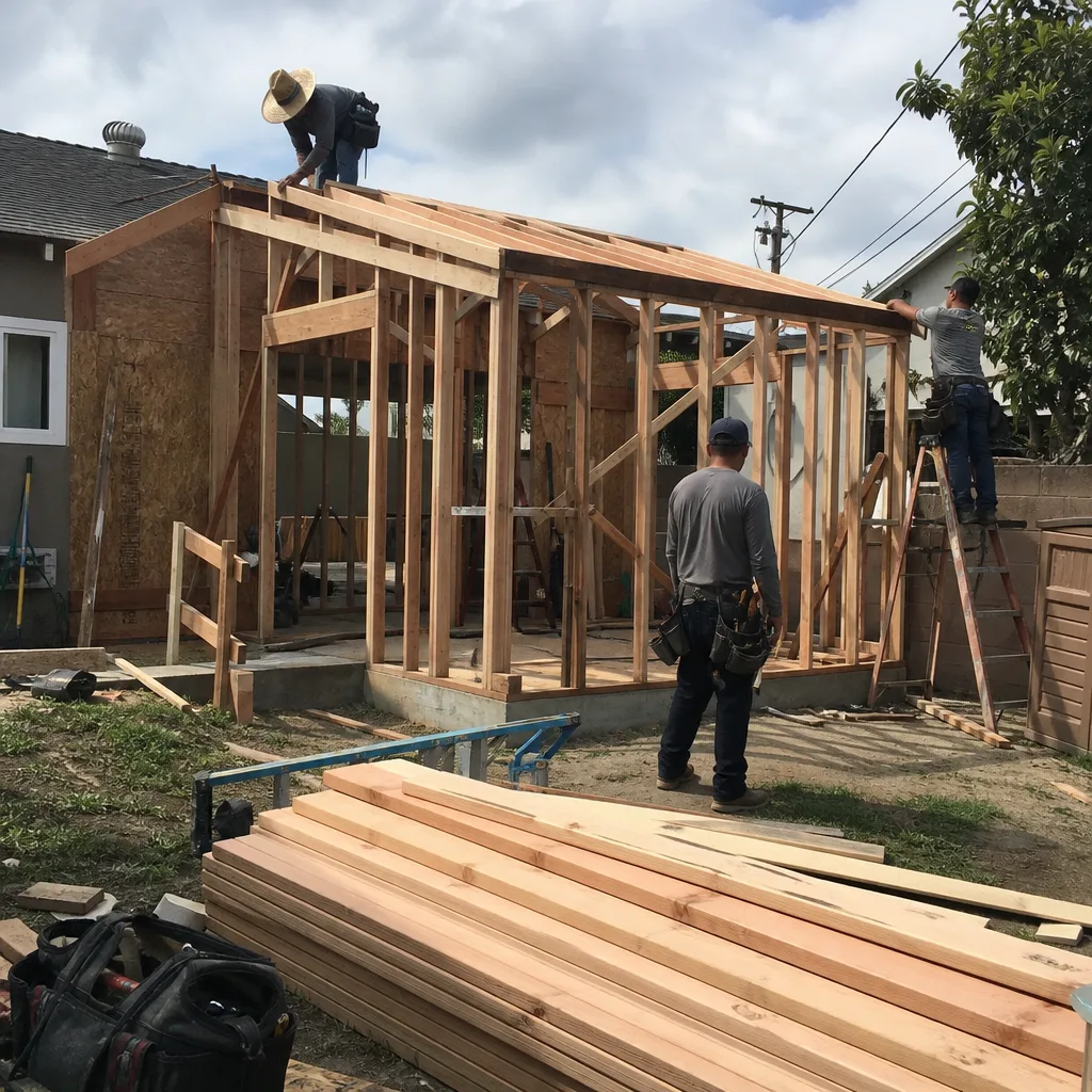 Professional contractors framing a new home addition for an ADU