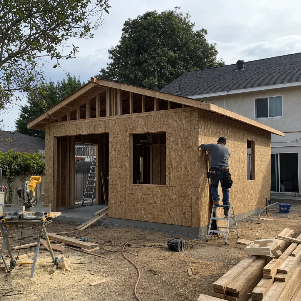 A construction worker installing plywood sheathing on a backyard room addition.