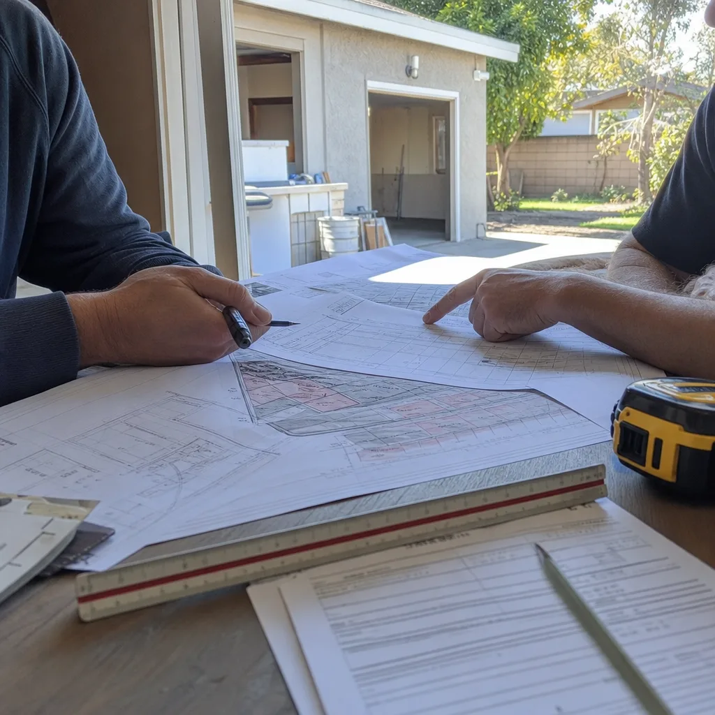 Contractors reviewing construction blueprints and room addition site plans