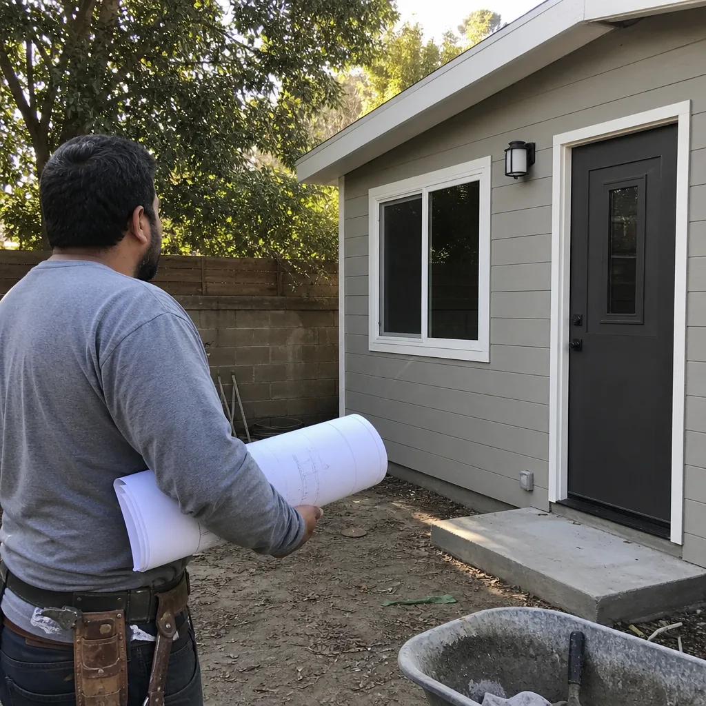 contractor reviewing blueprints in front of a modern residential backyard ADU
